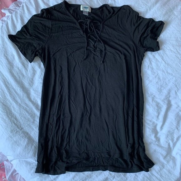 Old Navy Womens Open Front String Tie Black Short Sleeve Shirt Small 100% Rayon - Picture 2 of 5